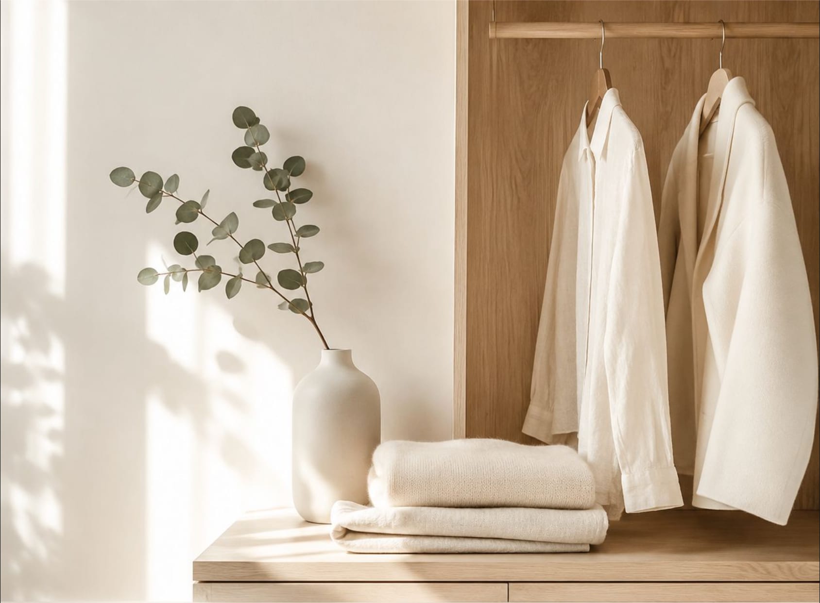Camisas y prendas de punto en tonos crudos colgadas en un armario de madera clara